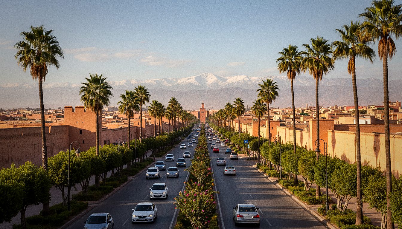 Avenue animée de Marrakech où circulent les voitures de location
