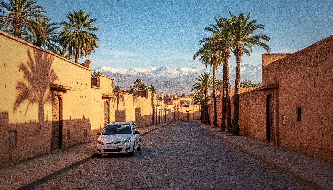 Voiture de location garée dans une rue résidentielle de Marrakech